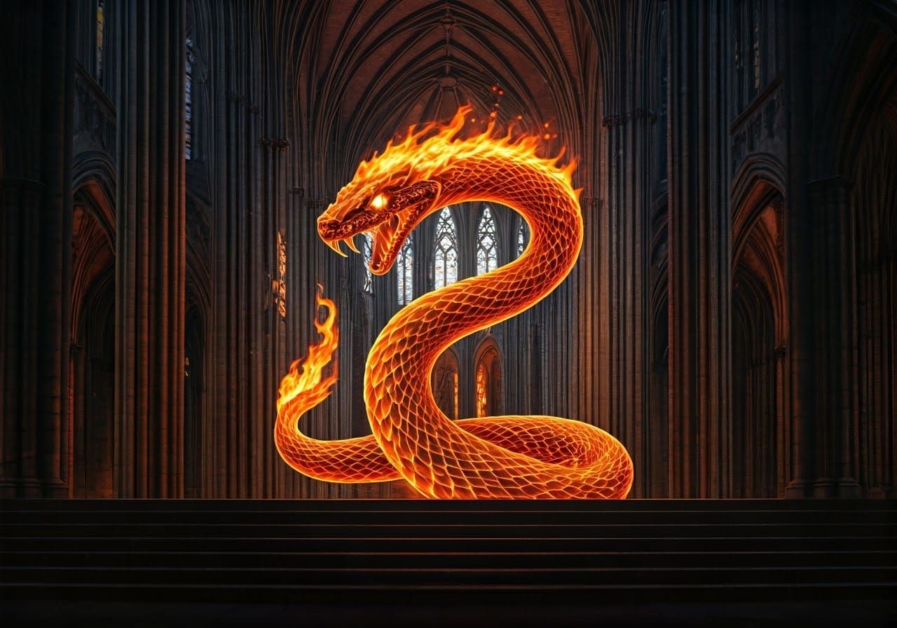 Fiery Serpent Emerges from Gothic Shadows