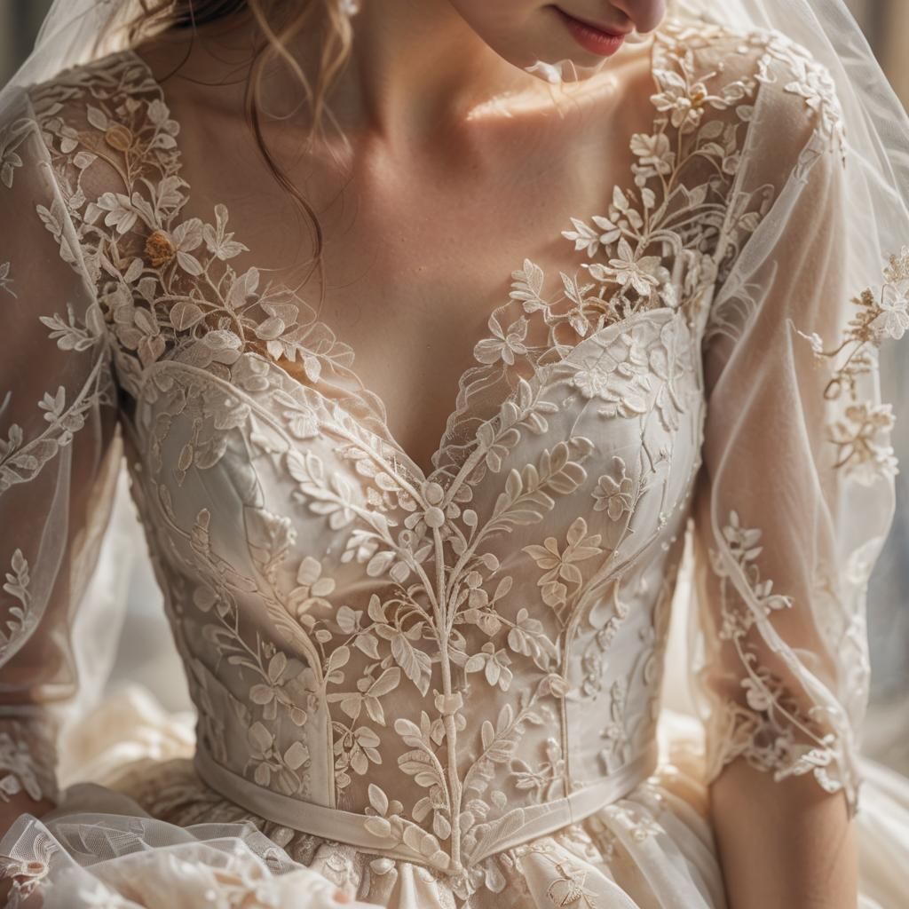 Woman Caressing Wedding Dress in Impressionism Style