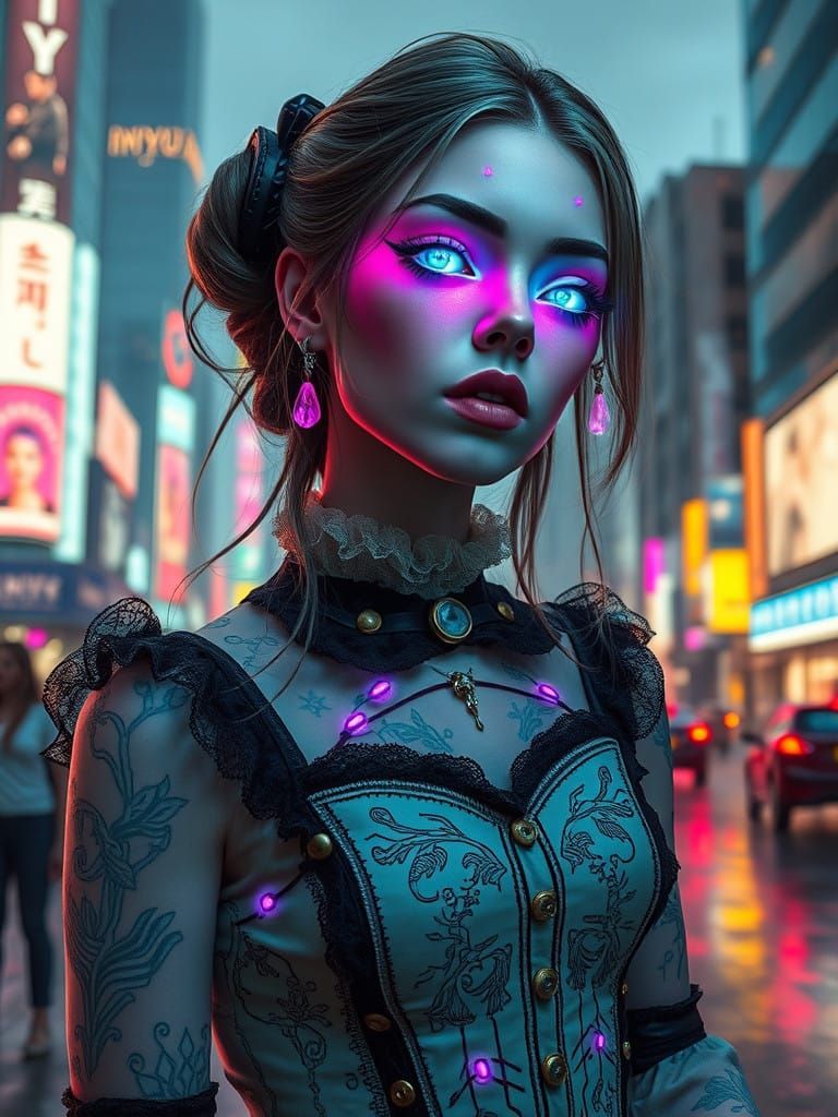 Gothic Cyberpunk Beauty Reigns in Neon Urban Dreamscape