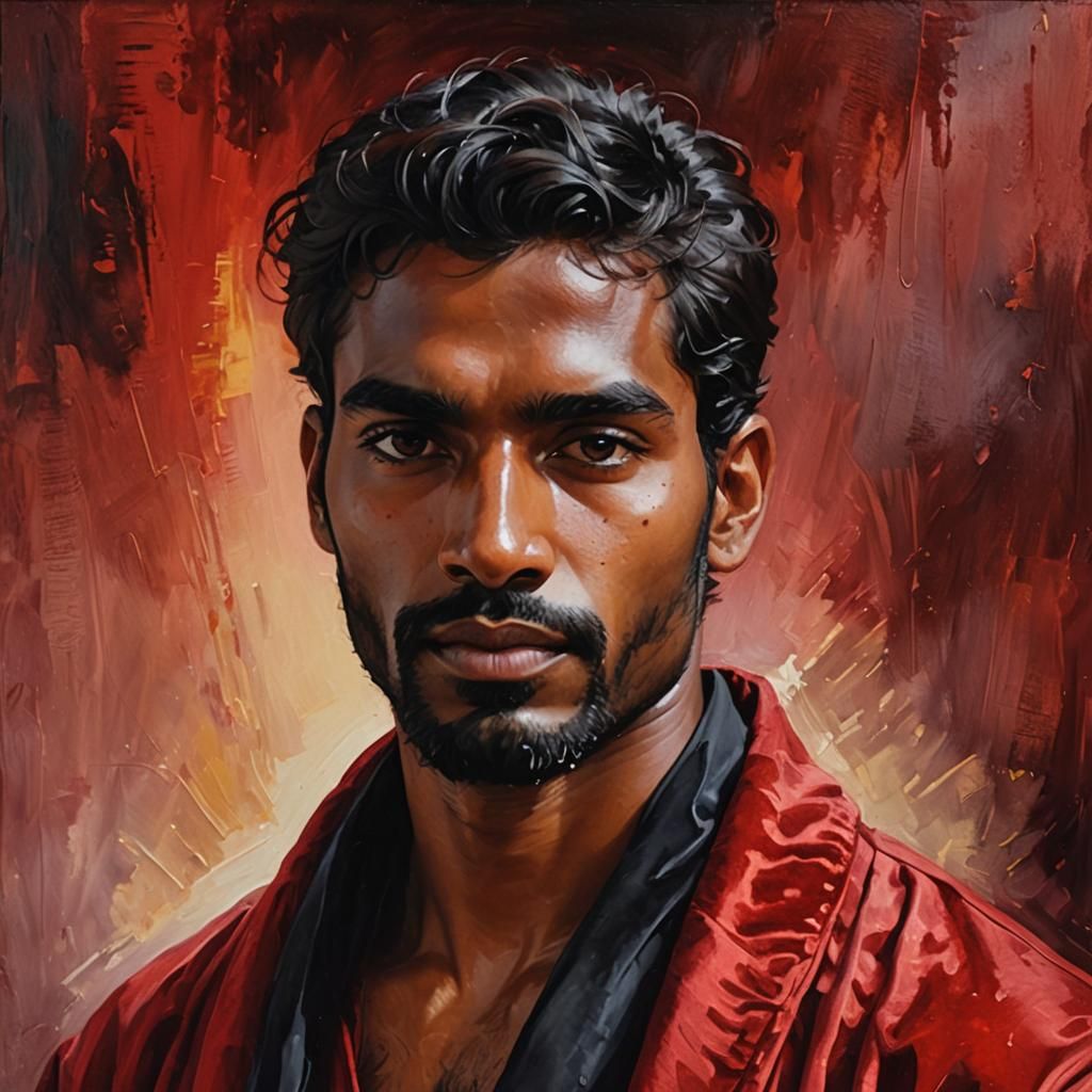 Sri Lankan Man in Red Velvet Bathrobe, Impressionist Oil Pai...