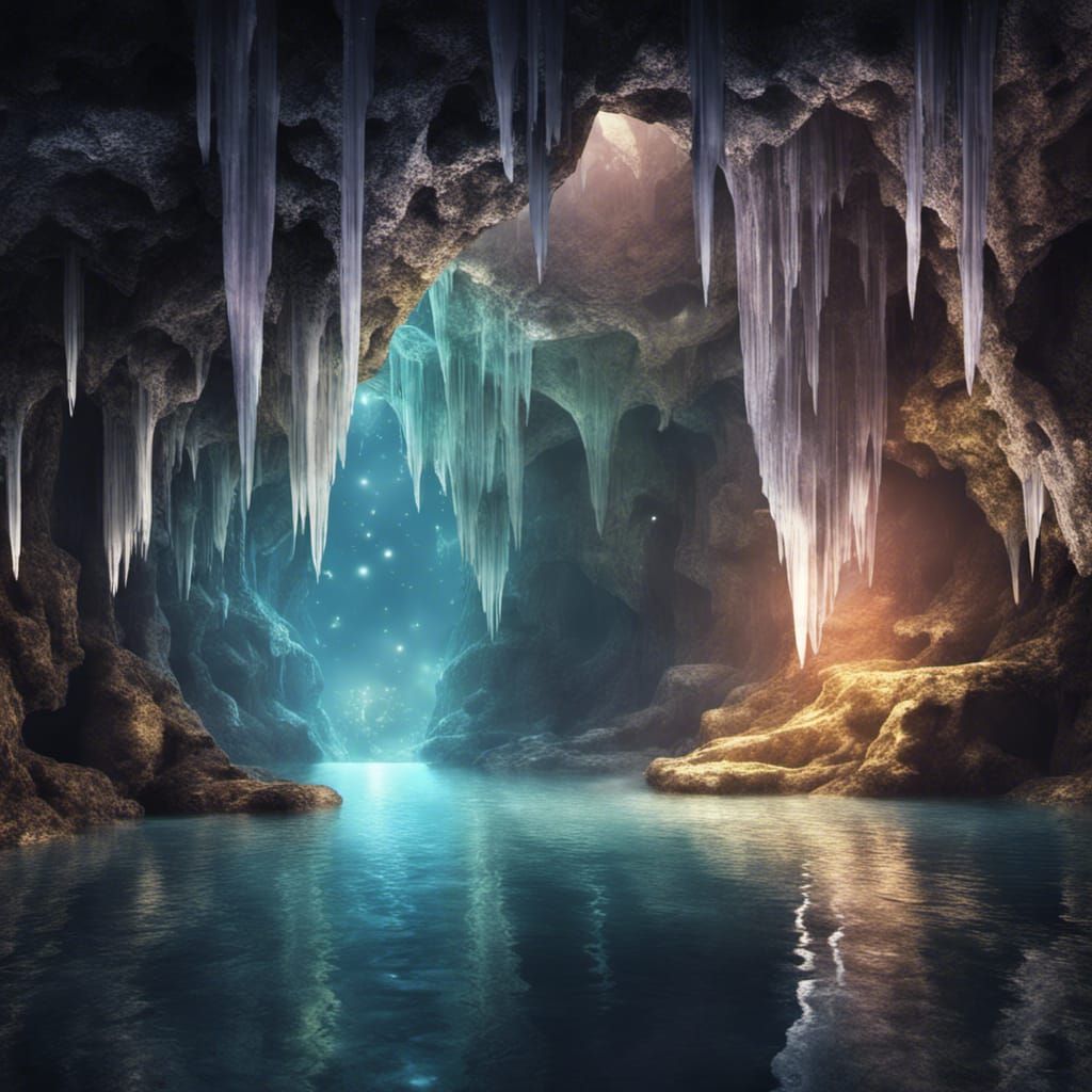 Ethereal Sparkling Cave with Lake and Waterfall