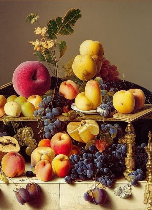 Hyperrealistic Still Life of Fruit in Dutch Masters Style