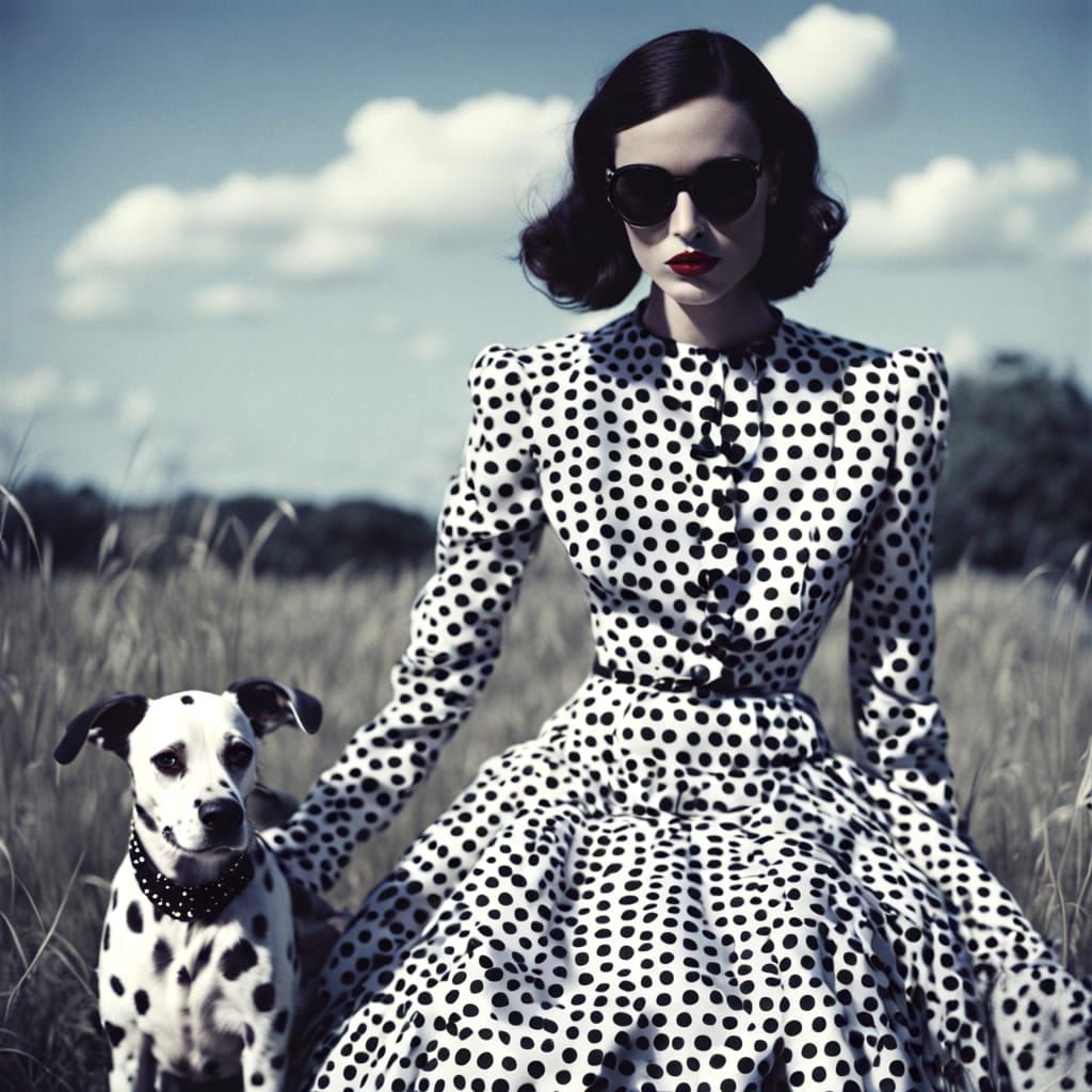 Beautiful model wearing a black polka dots dress with a Dalmatian dog,