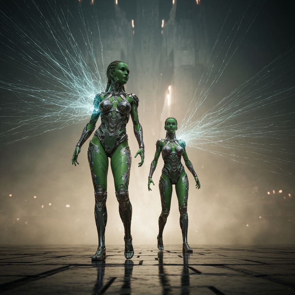 Futuristic Women with Fractal Energy in Sci-Fi Landscape