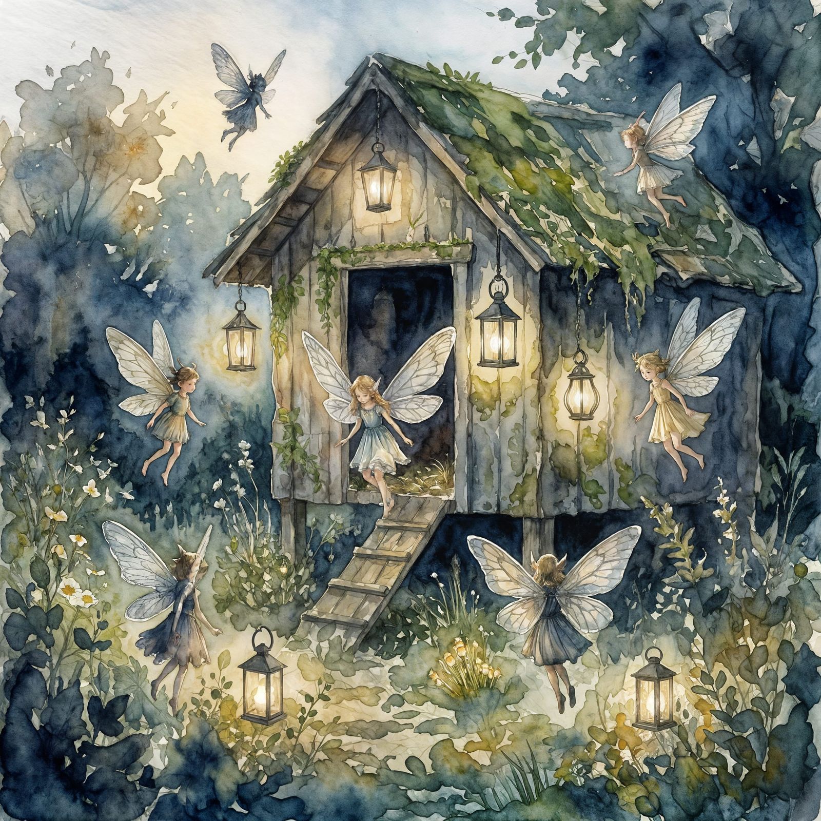 Whimsical pixies with delicate, translucent wings flutter around a rustic chicken coop, their tiny forms illuminated by ...