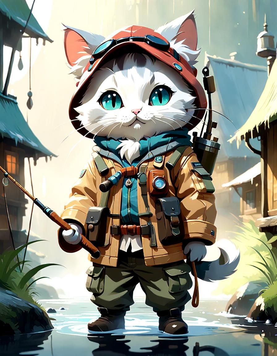 Anthropomorphic Cat Fisherman in Ghibli Style