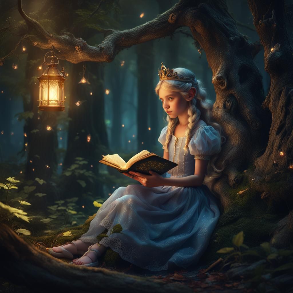 Enchanted Fairy Princess Reads at Night, Fantasy Art