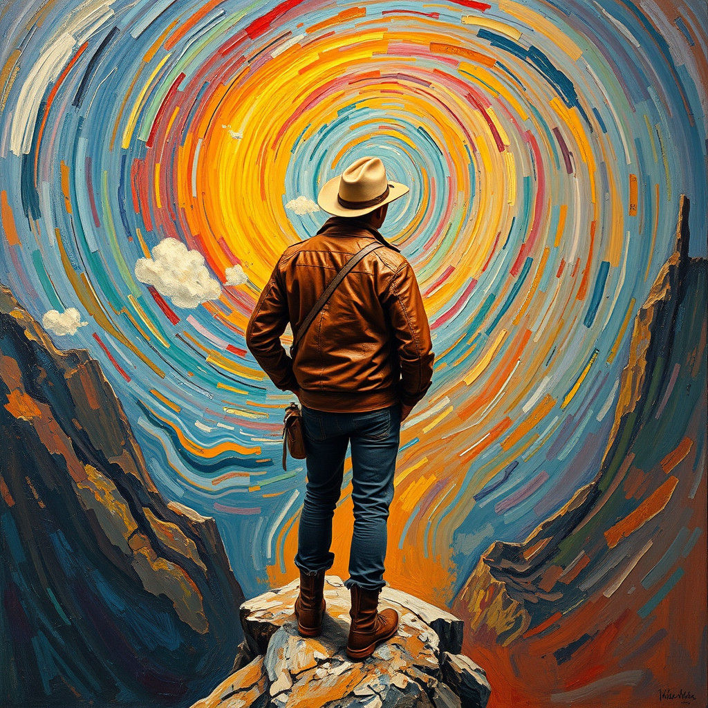 Adventurer Gazing at Colorful Vortex, Post-Impressionist Sty...