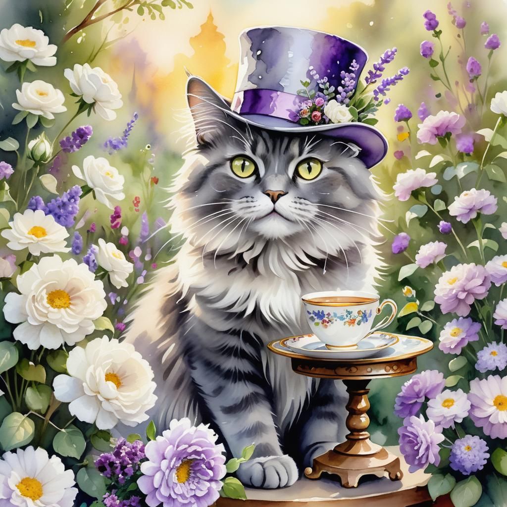 Gray Cat in Lavender Hat in Impressionist Garden