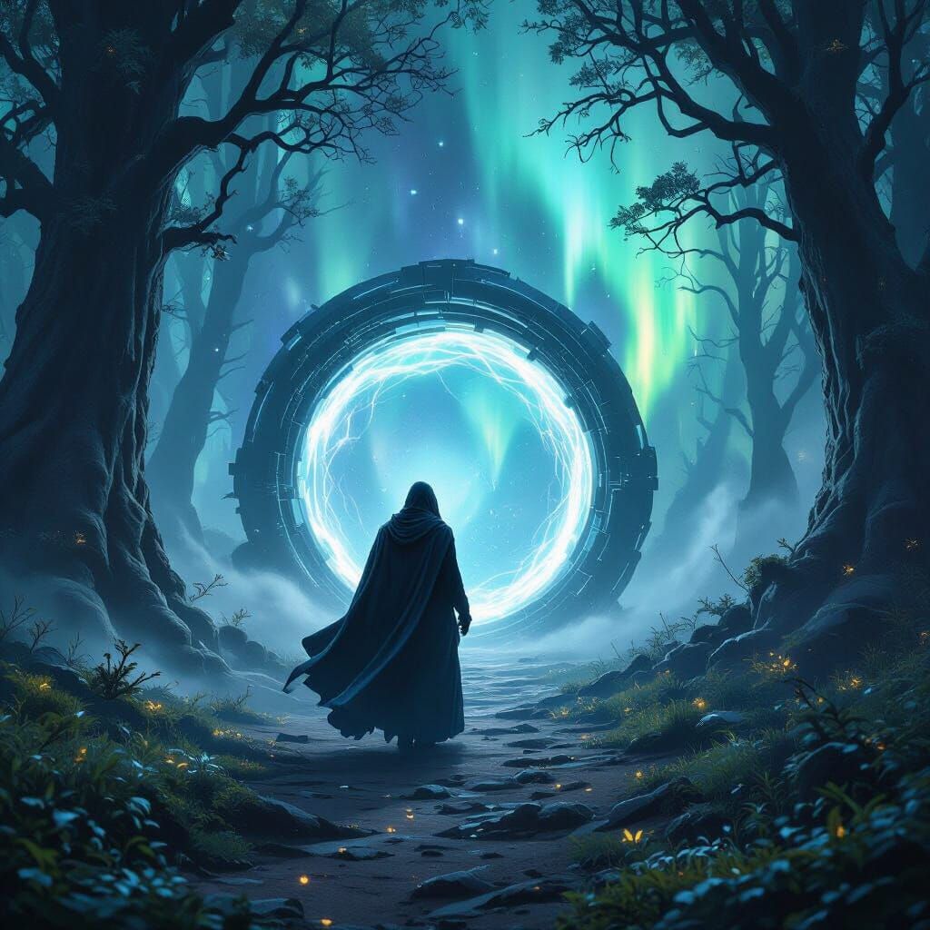 Mystic Figure and Interdimensional Portal in Shimmering Fore...