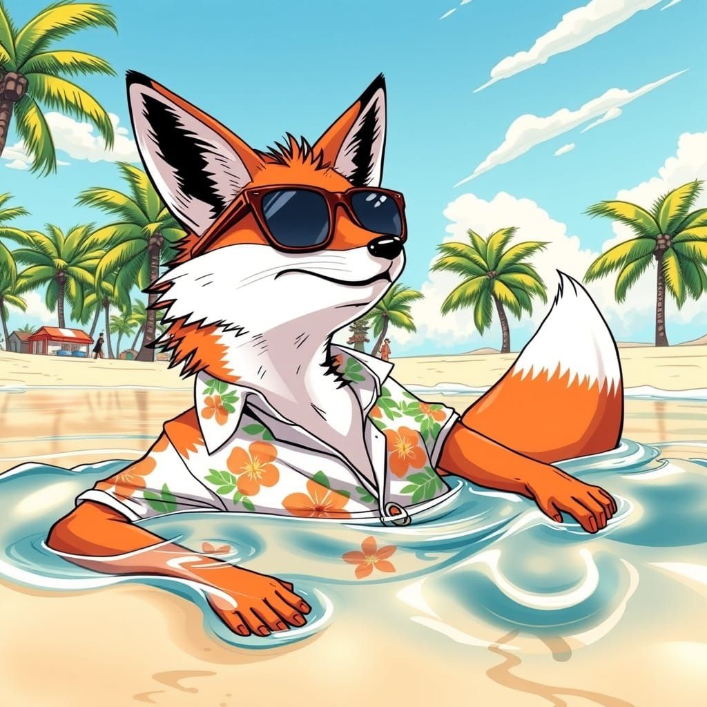 A Relaxed Fox is swimming lazily at the beach manga style