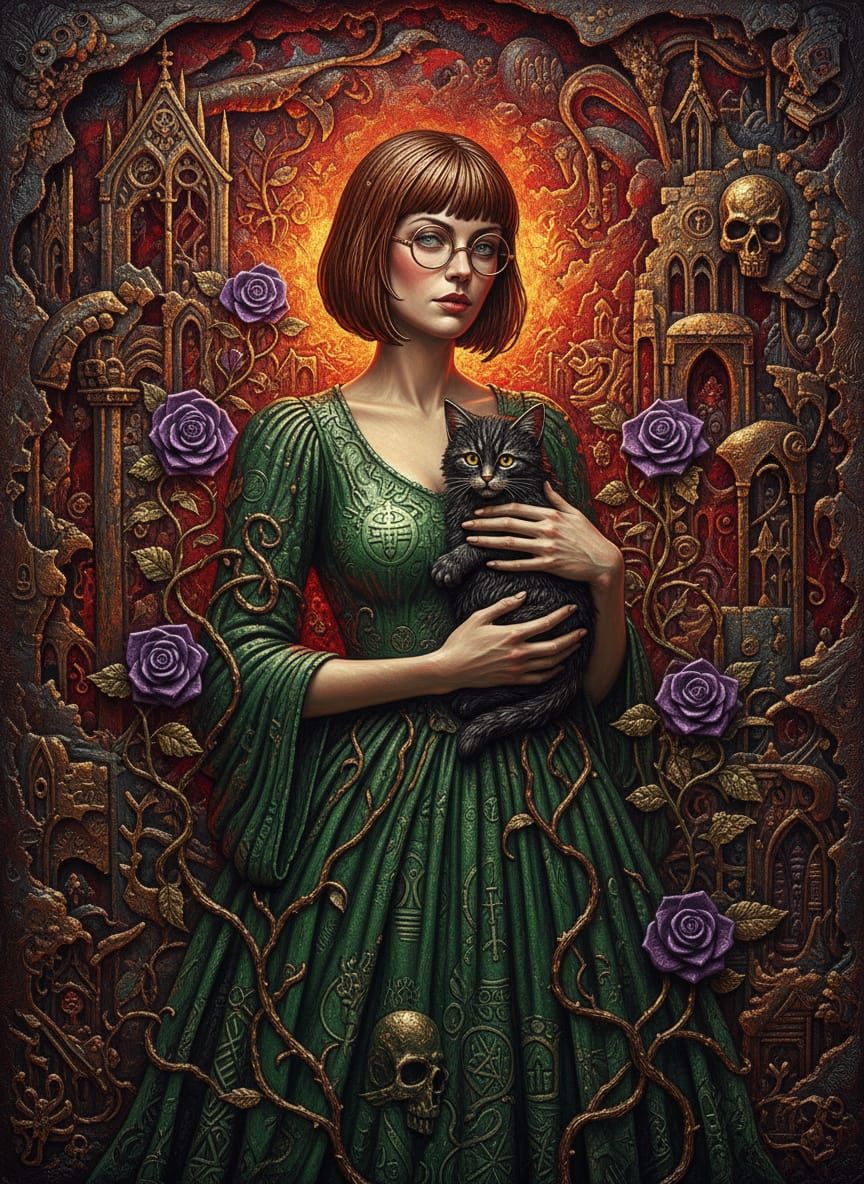 Goth Baroque Lady with Kitten and Roses in 3D Relief