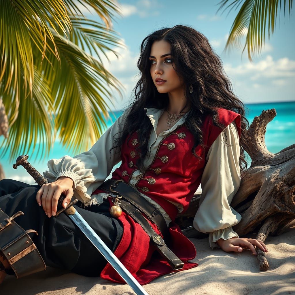 Sultry Pirate Captain Reclines on Turquoise Beach in Photore...