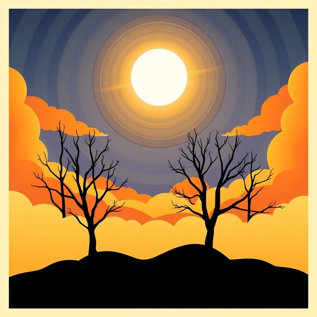 Vibrant Art Deco Landscape Radiates Serenity and Warmth