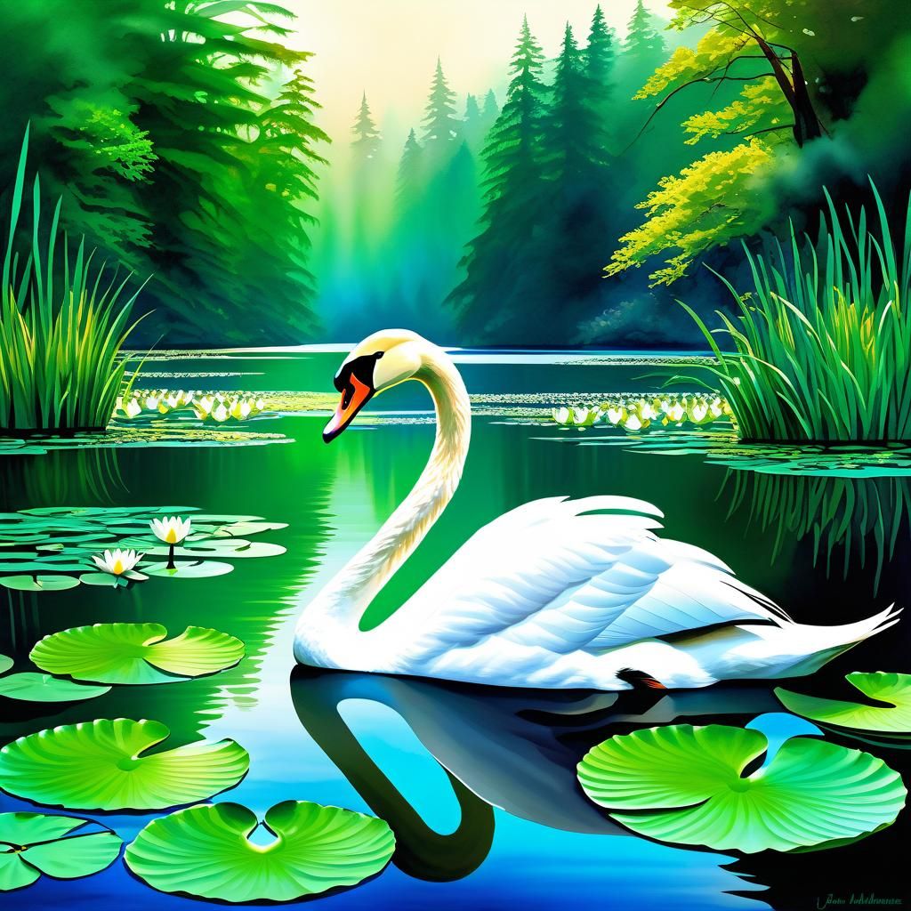 Elegant Swan on Emerald Lake: Watercolor Illustration