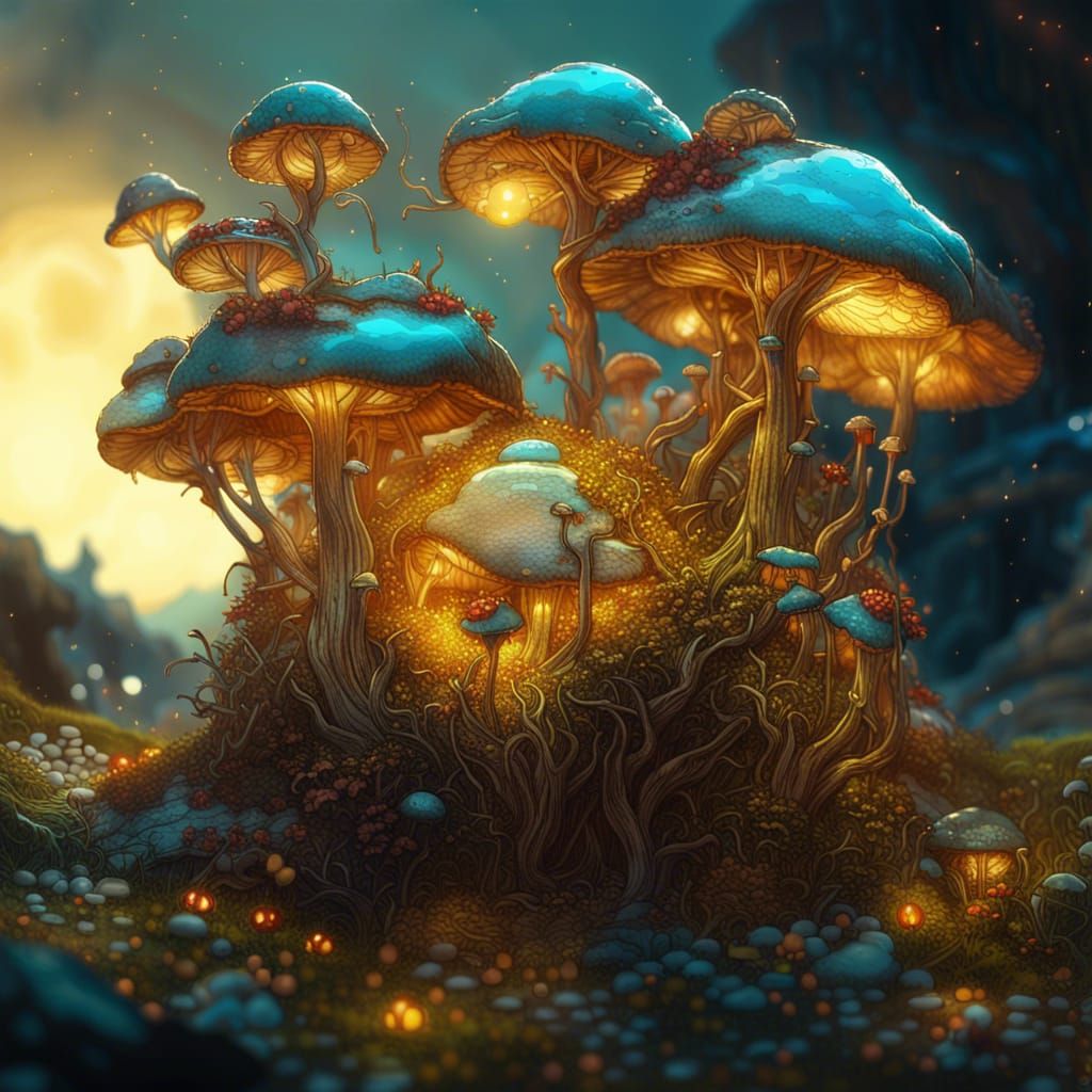 Glowing Golden Mushrooms in Fantasy Landscape