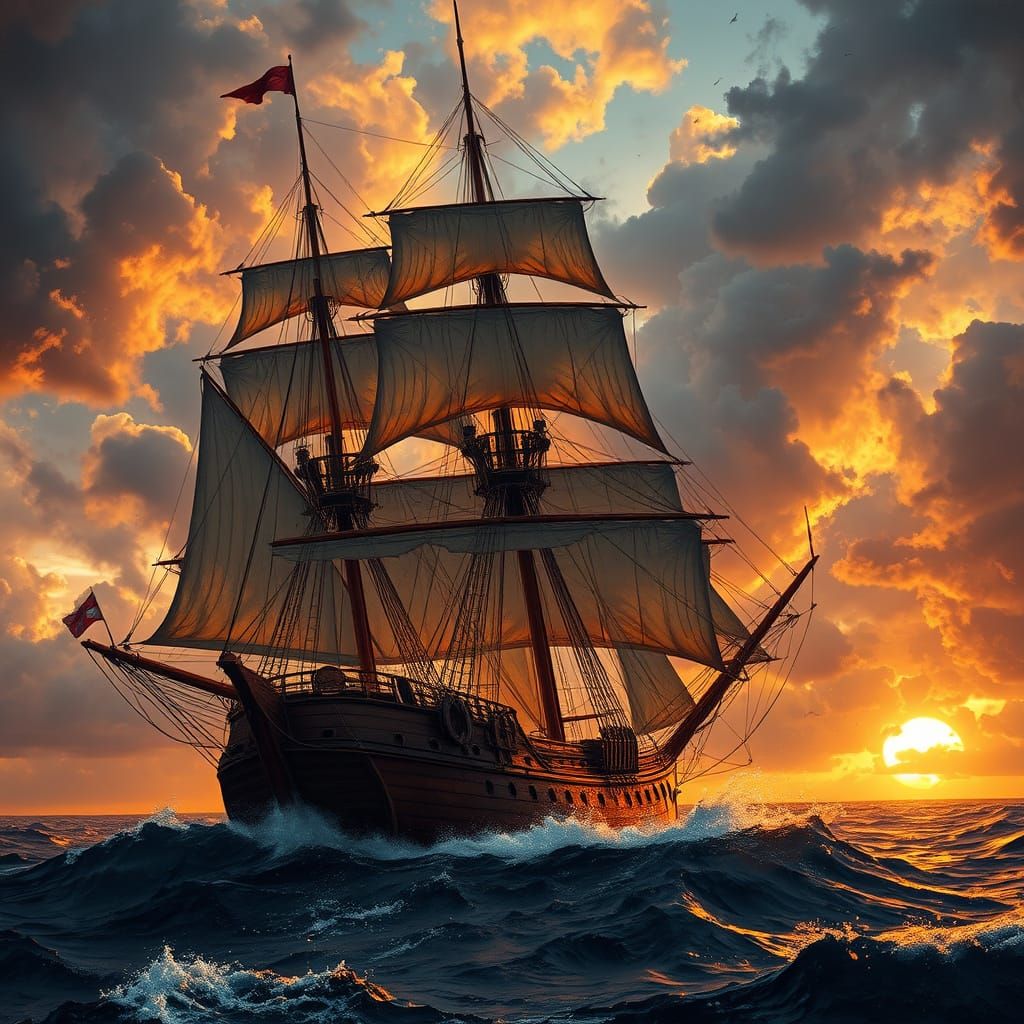 Tall Ship Braves Storm at Sunset: Romanticism Style