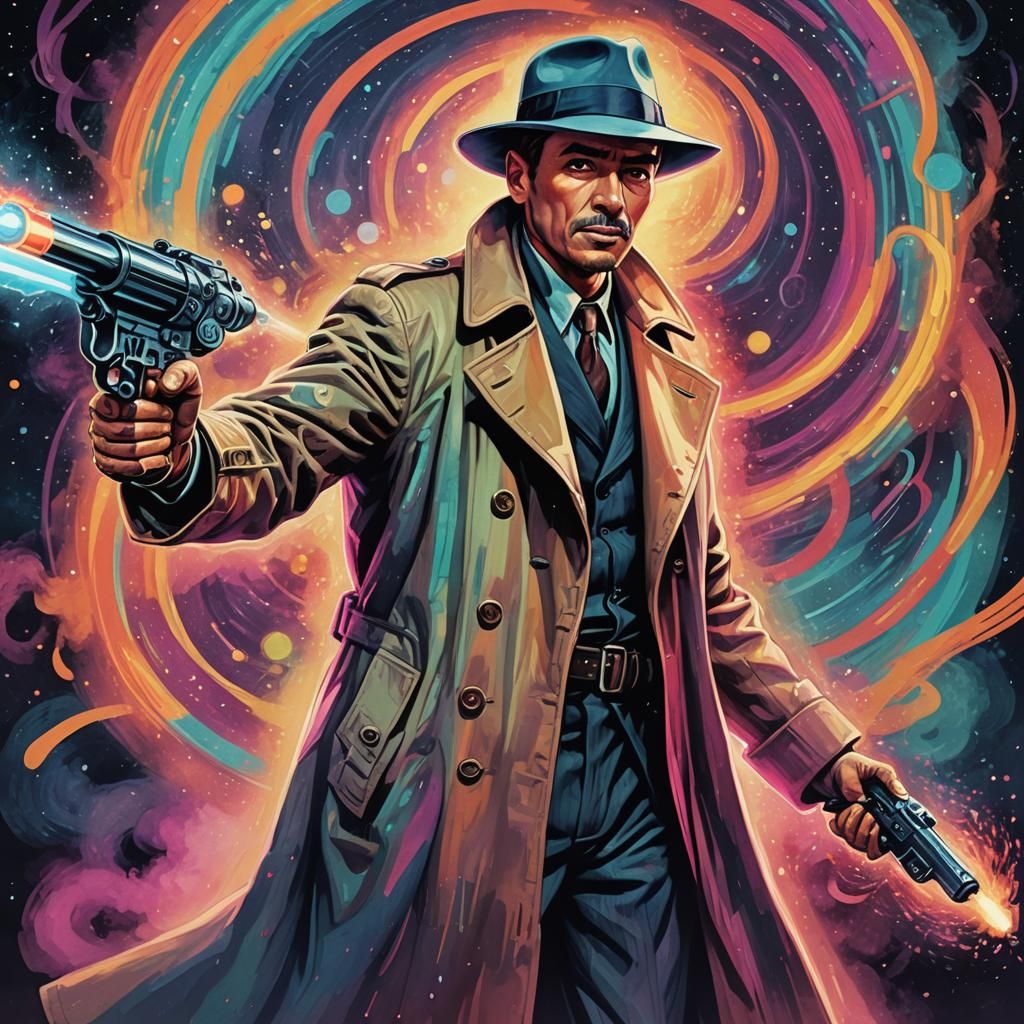 1950s Sci-Fi Detective with Raygun in Psychedelic Space