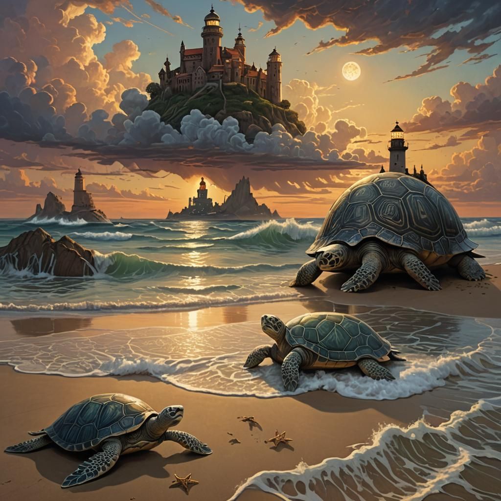 Surreal Beach Sunset with Cthulhu and Turtle World