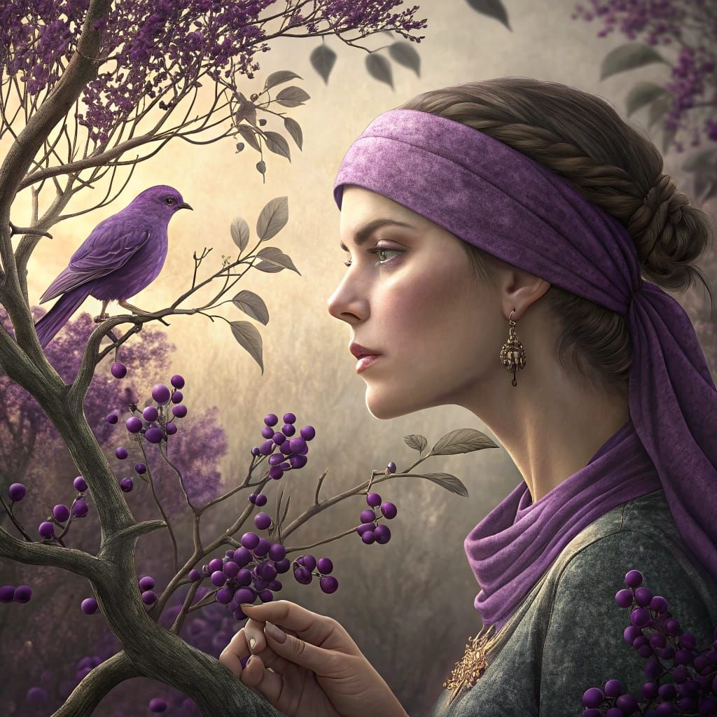 Woman in Purple Headband Amidst Vibrant Floral Elements in S...