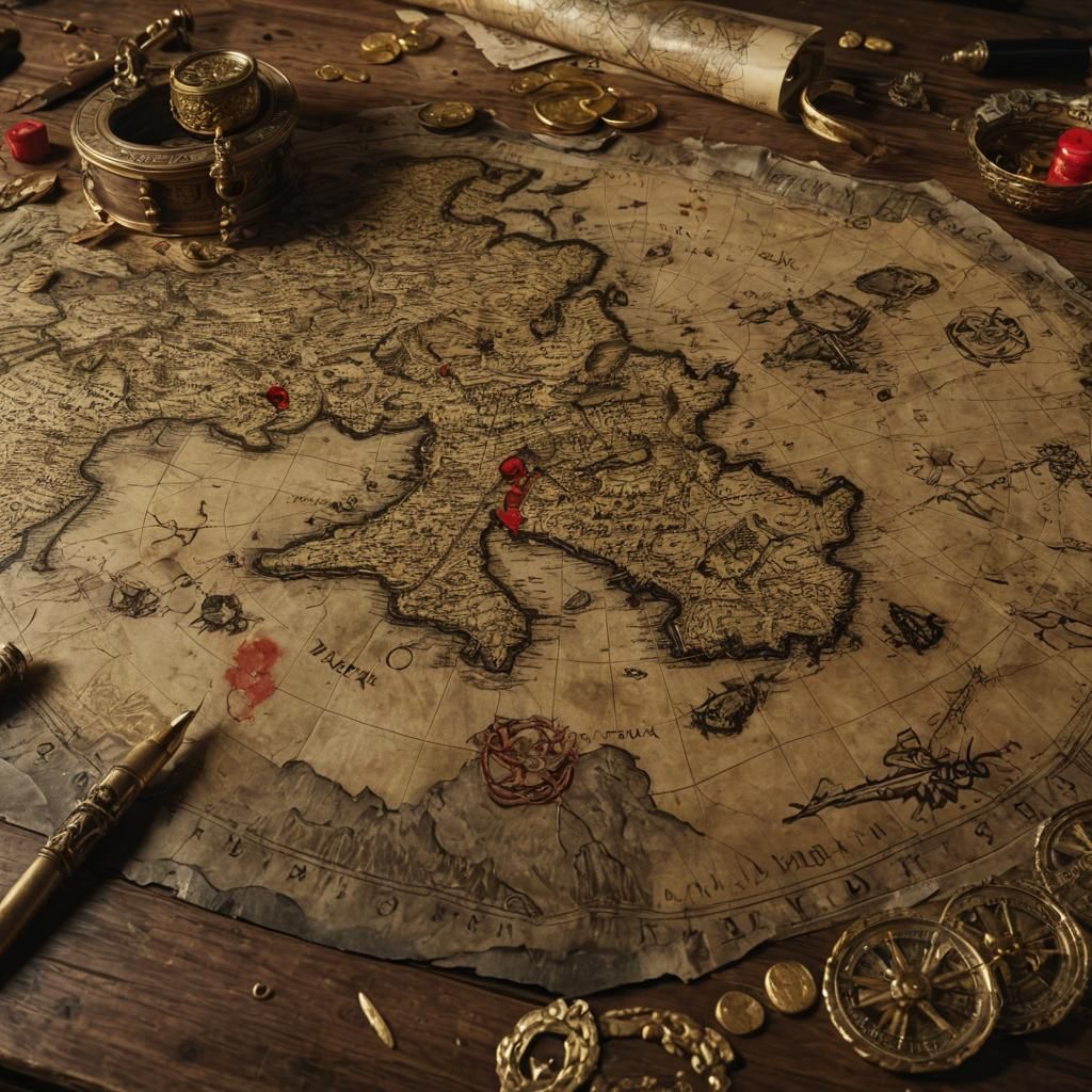 Pirate Treasure Map on Wooden Table: Cinematic Art