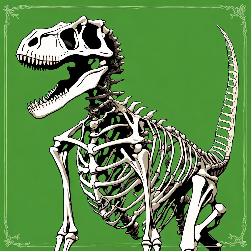 Dinosaur Skeleton Against Green Background, Anime Style