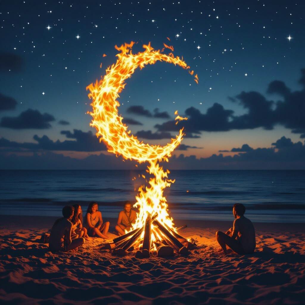Bonfire Yin-Yang on Summer Beach Under Stars