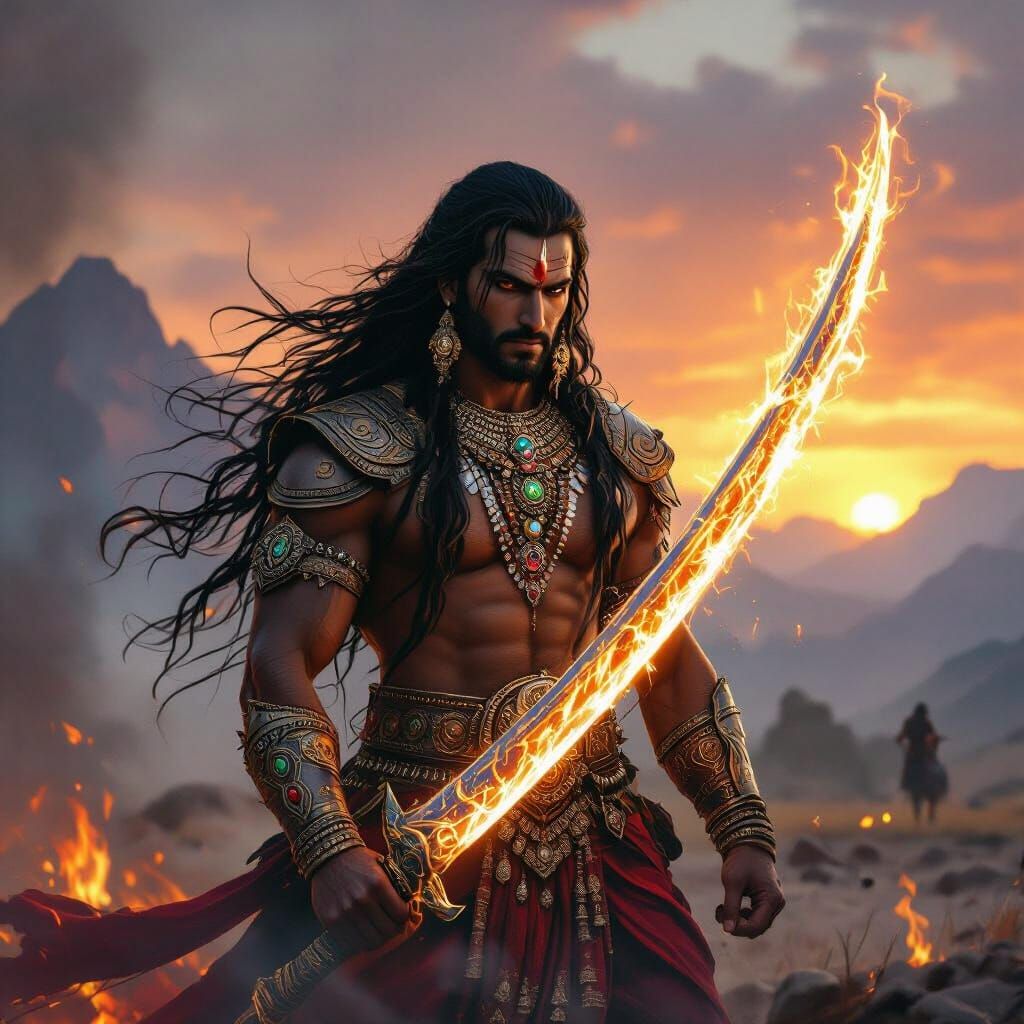 Indian Warrior in Royal Armor on Battlefield