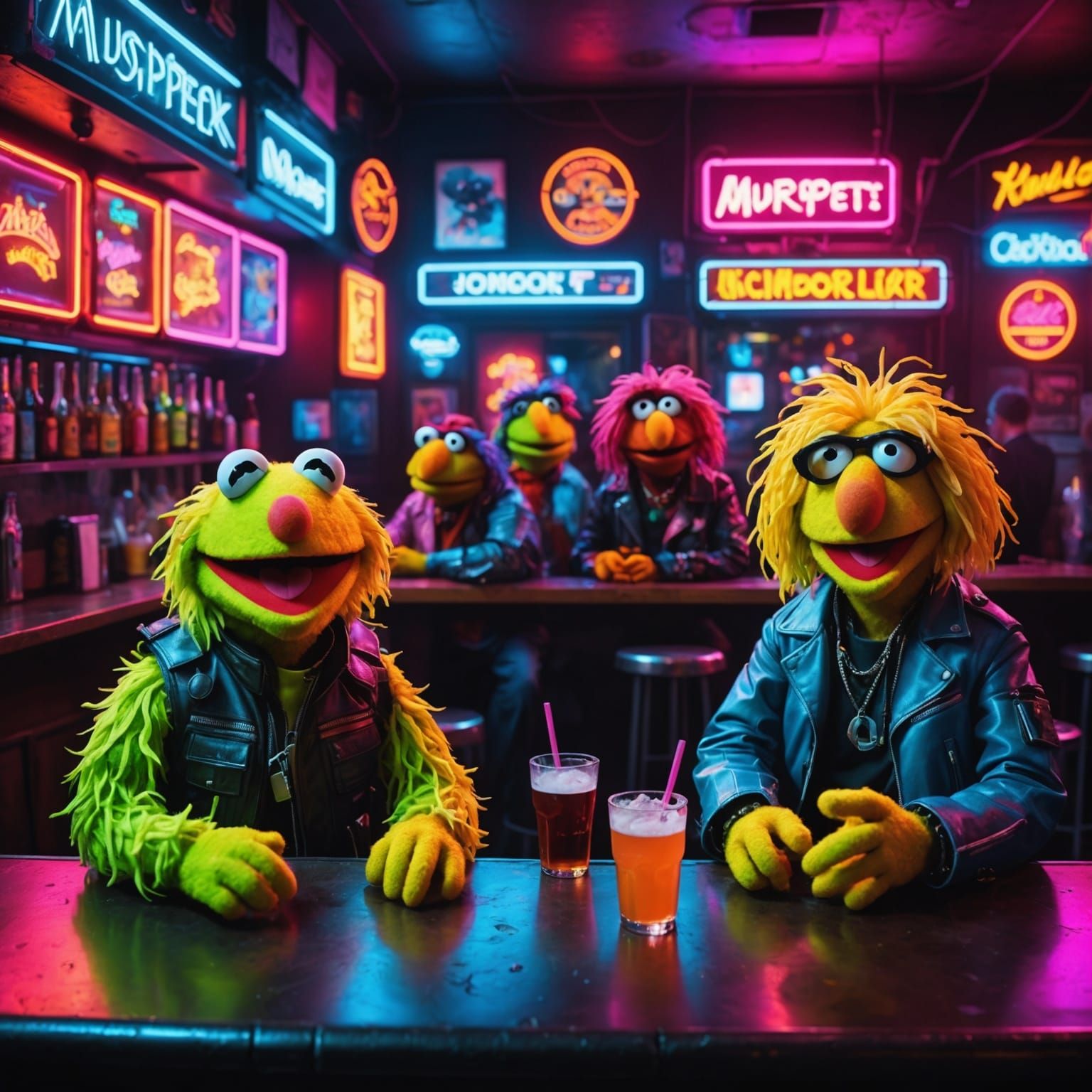 Cyberpunk Muppets in Neon Lit Bar