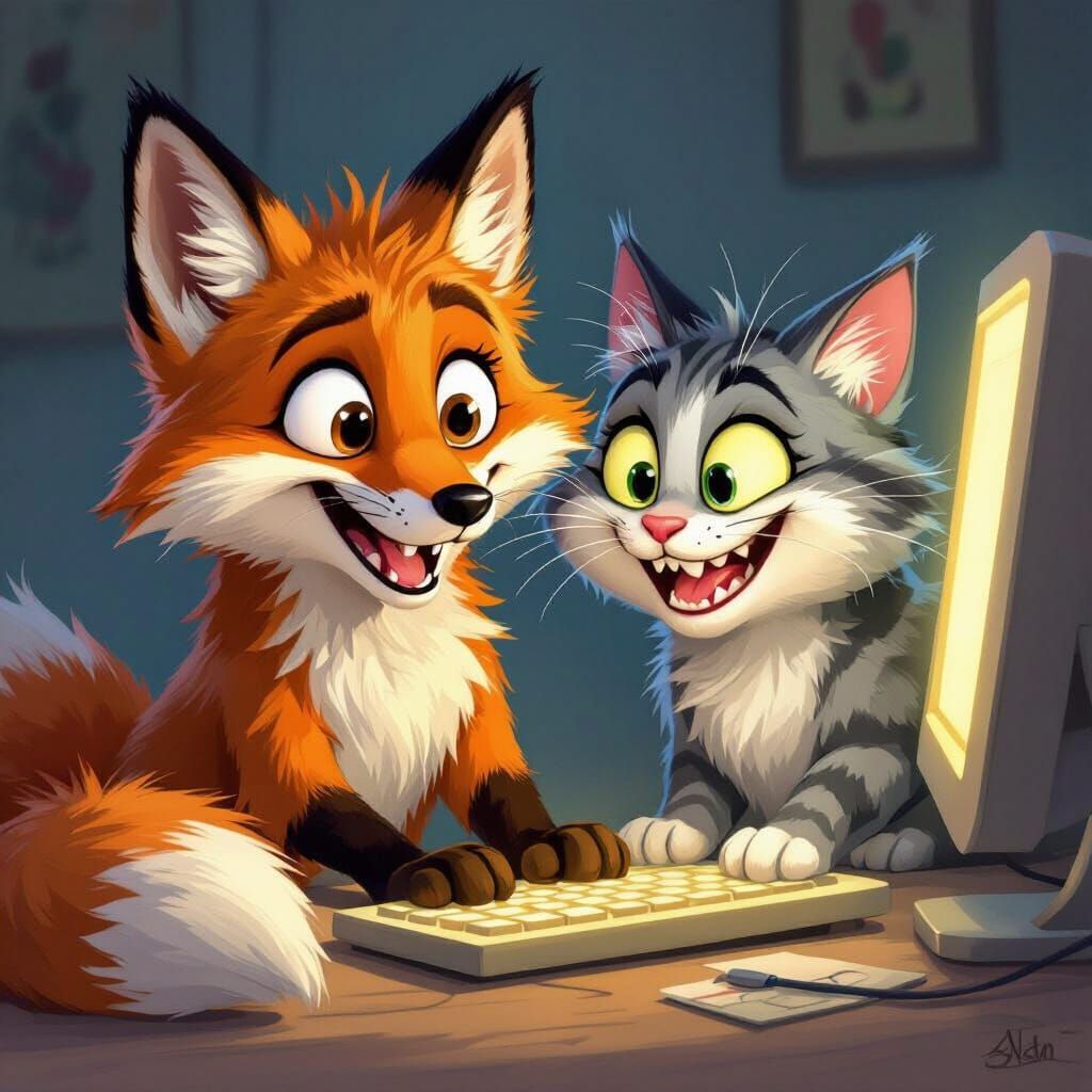 Fox and Cat Struggle With Computer in Storybook Style