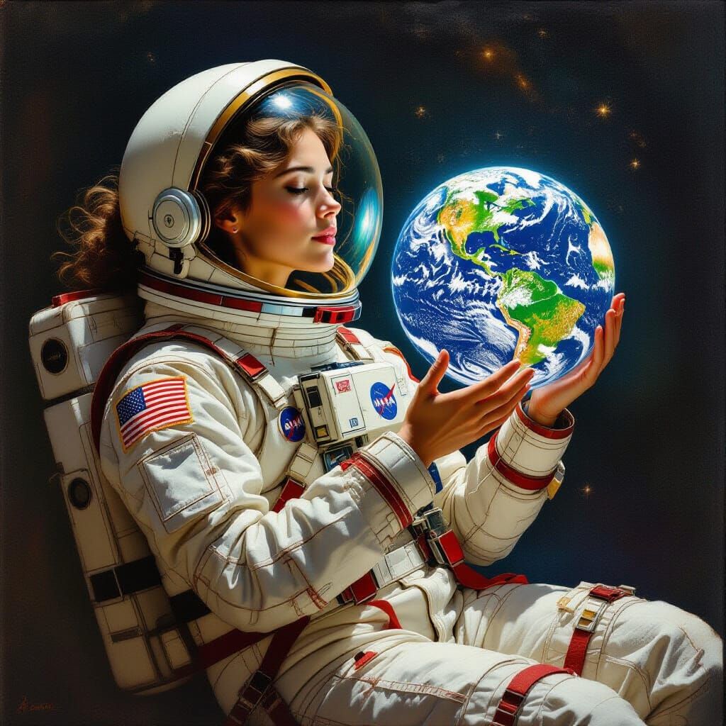 Astronaut in Victorian Spacesuit with Earth Orb