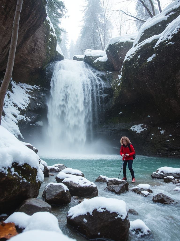 Youthful Waterfall Hide and Seek in Blizzard