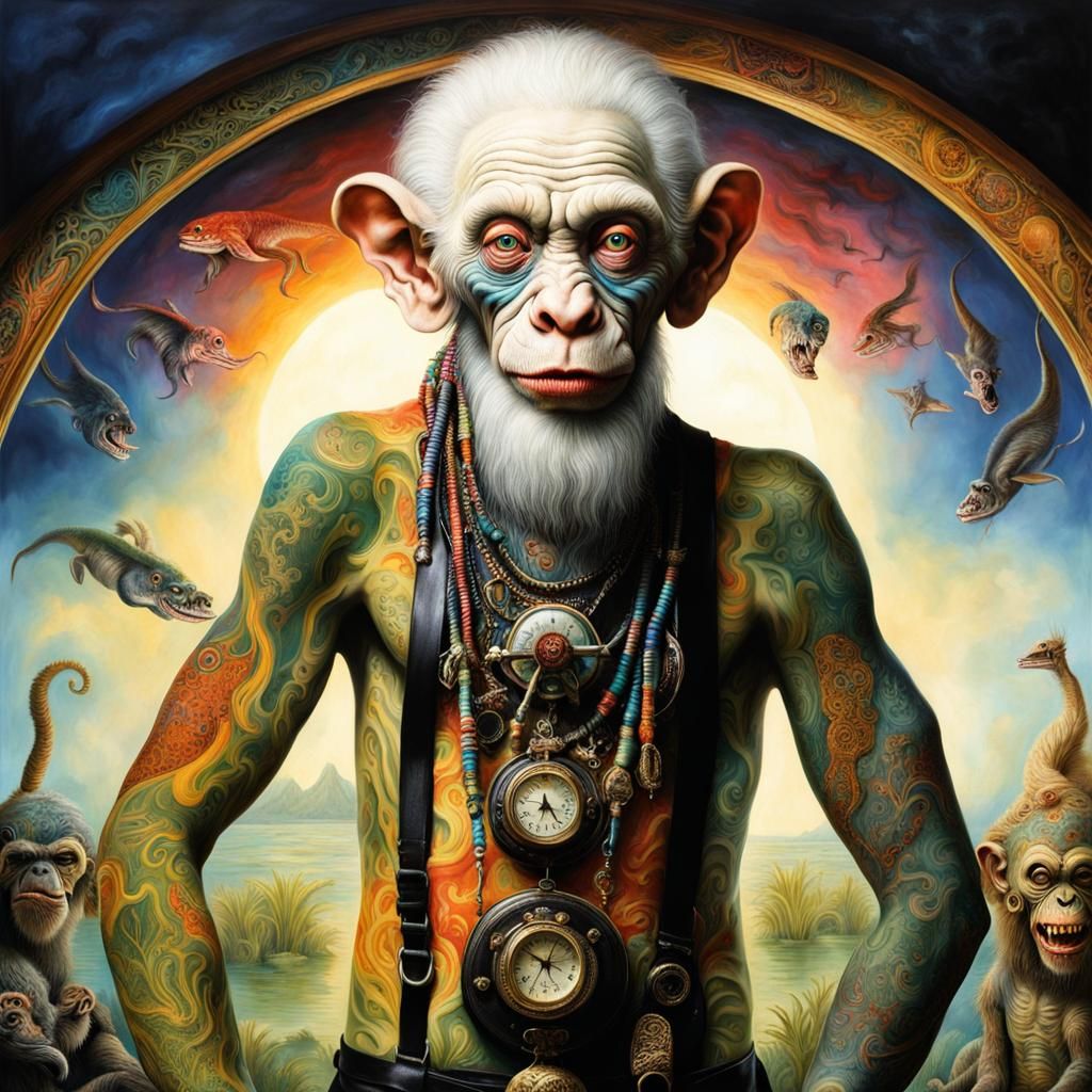 Surreal Tattooed Figure in a Fantasy Landscape