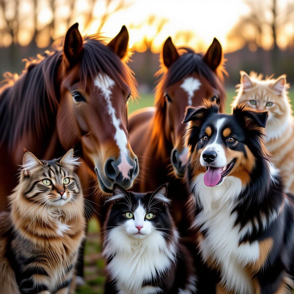 Happy Animals Portrait: Horses, Cats & Dogs in Warm Light