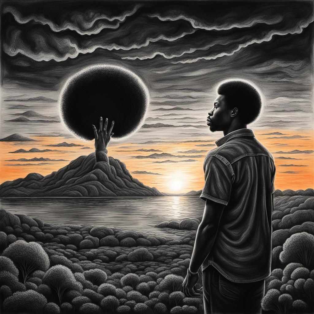 Hyperdetailed Charcoal Drawing: Black Man at Sunset