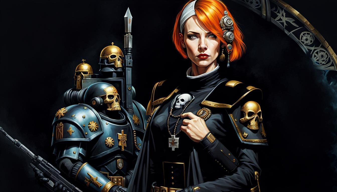 Futuristic Soldier Nun in Warhammer 40k Style