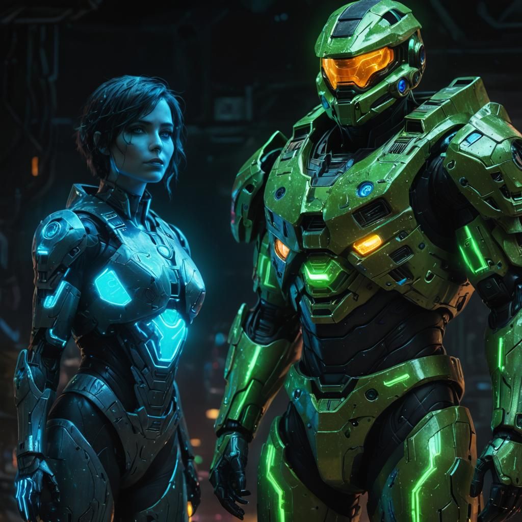 "Crear una imagen digital de un Jefe Maestro con armadura verde fluorescente y empuñando una Cortana (asistente de IA) c...