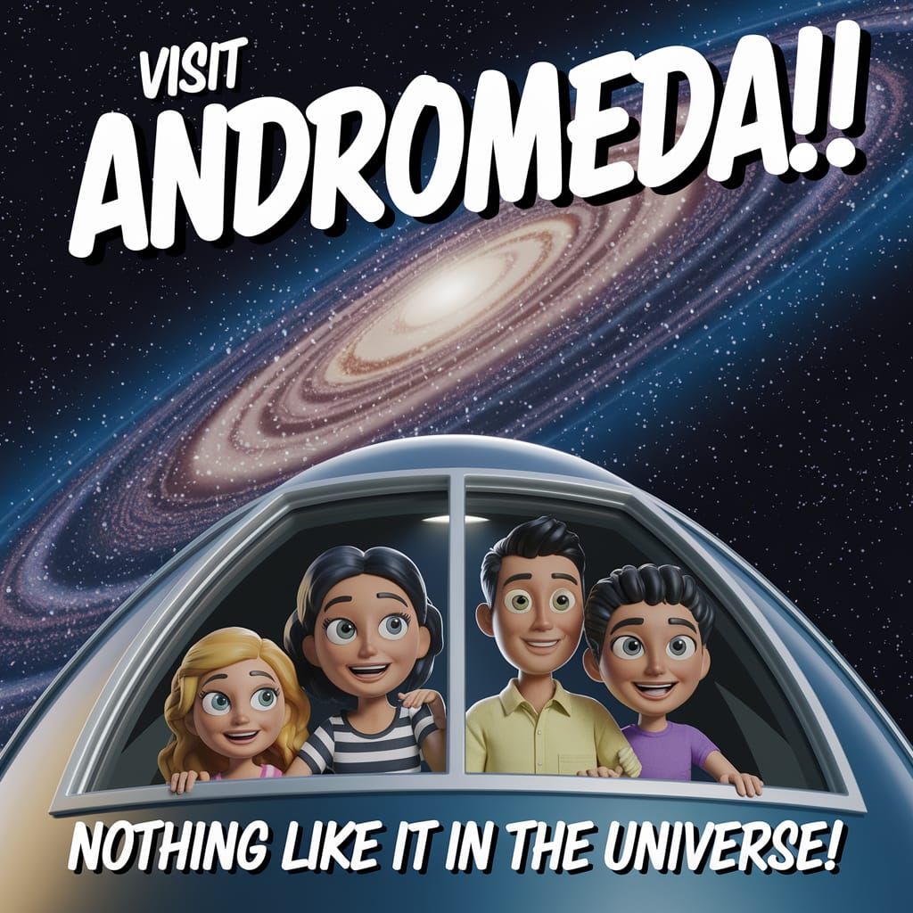 A 1950s style Travel Poster advertising a trip to the Andromeda Galaxy in your own personal spaceship.