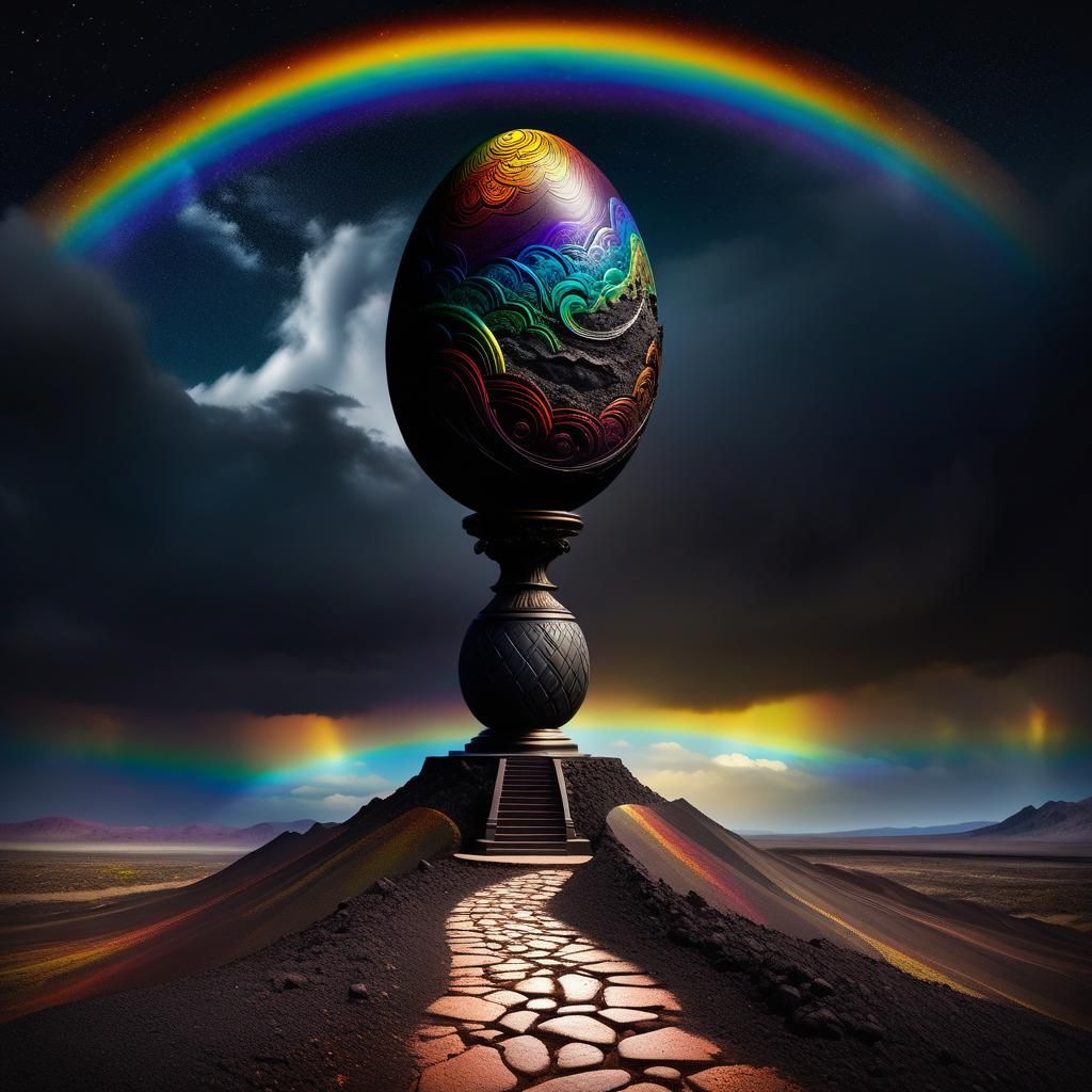 Ornate Rainbow Egg on Pedestal Under Dramatic Skies