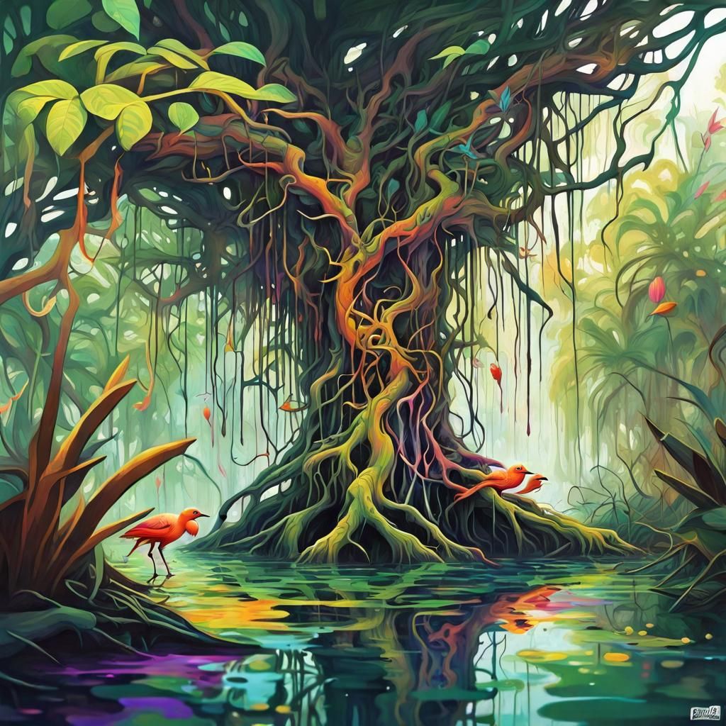 Mystical Mangrove Swamp in Graffiti Art Style