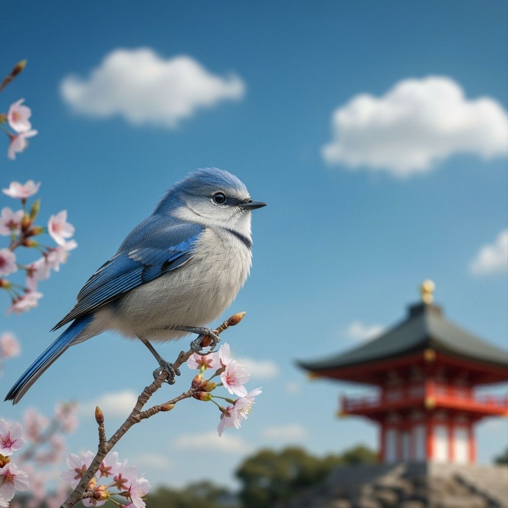 Fluffy Blue Bird on Cherry Blossom Branch