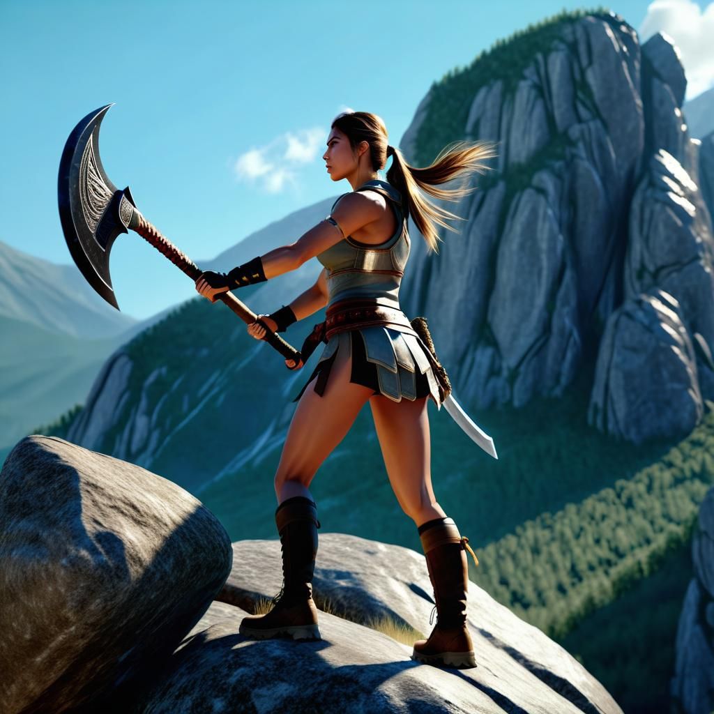 Female Fighter with Axe on Mountain Rock