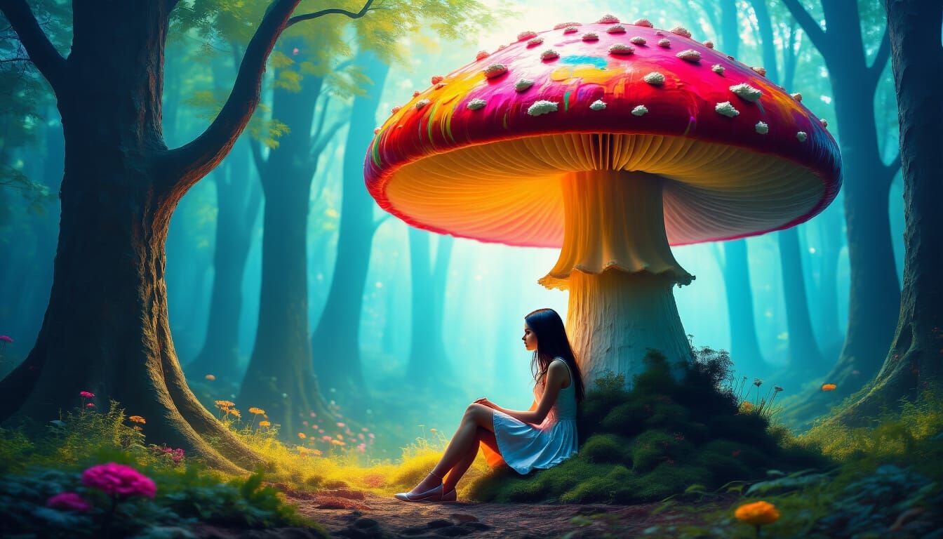 Magical Woods: Girl Under Mushroom Sculpture
