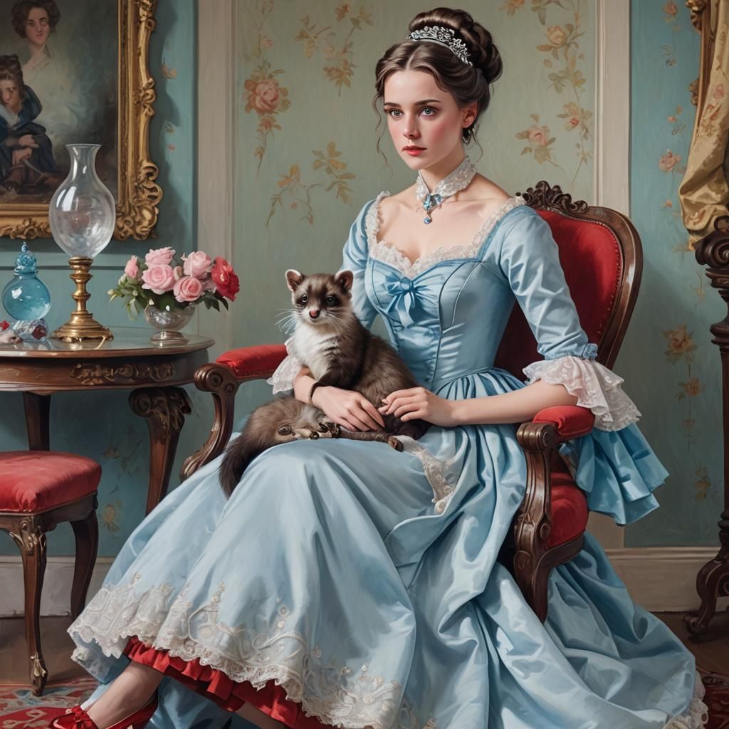 Victorian Maiden Holding a Ferret in Portrait