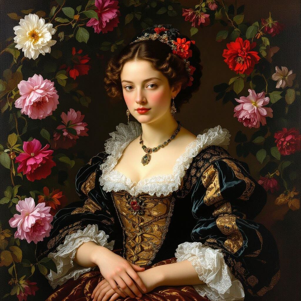 Baroque Woman Surrounded by Flowers in Classical Style