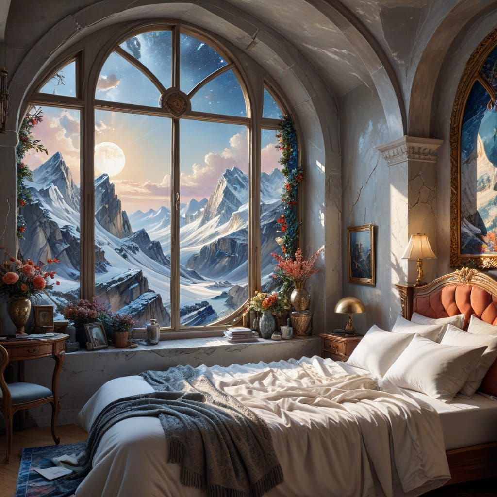 Hyper-Realistic Bedroom with Snowy Cliff View