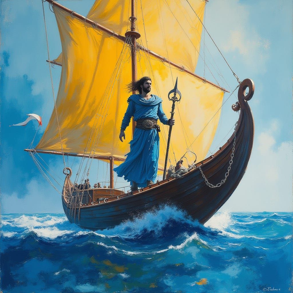 Heroic Argonaut at the Bow of a Majestic Ancient Greek Vesse...