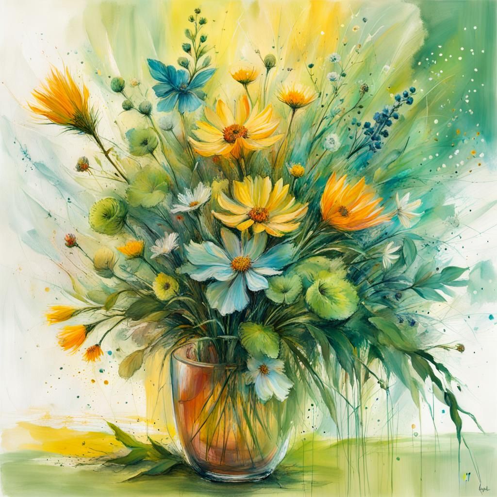 Joyful Summer Bouquet: Art Brut Digital Painting