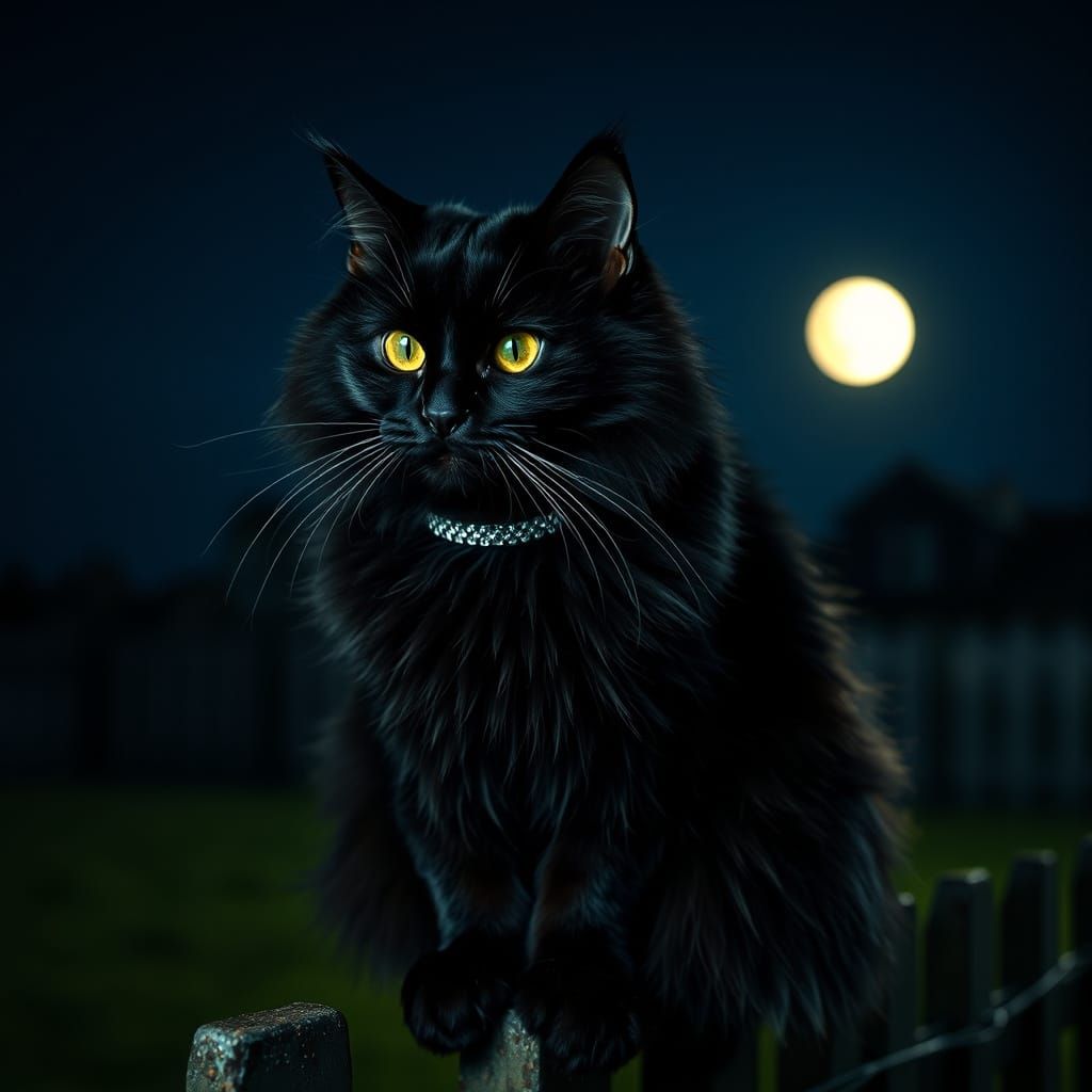 Fluffy Black Cat on Fence in Cinematic Style