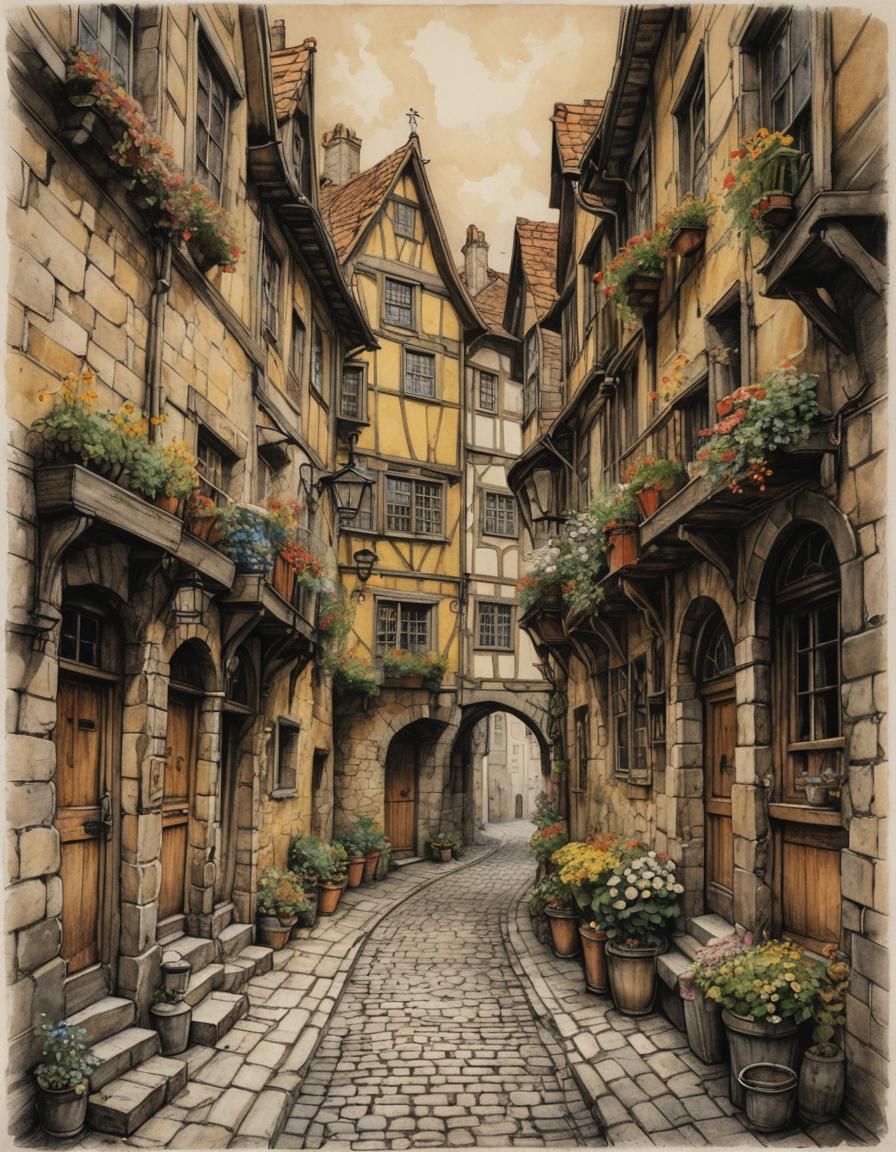Mysterious Medieval Alley in Pencil Sketch Style